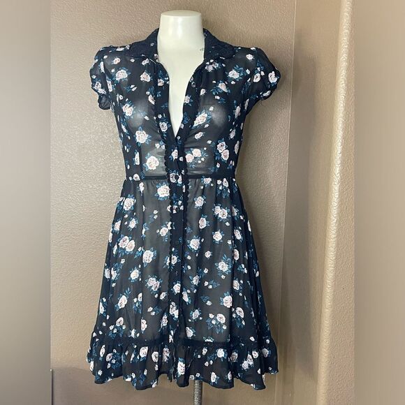Floral Button-Down Chiffon Lace Collar Dress size xs - Picture 7 of 7